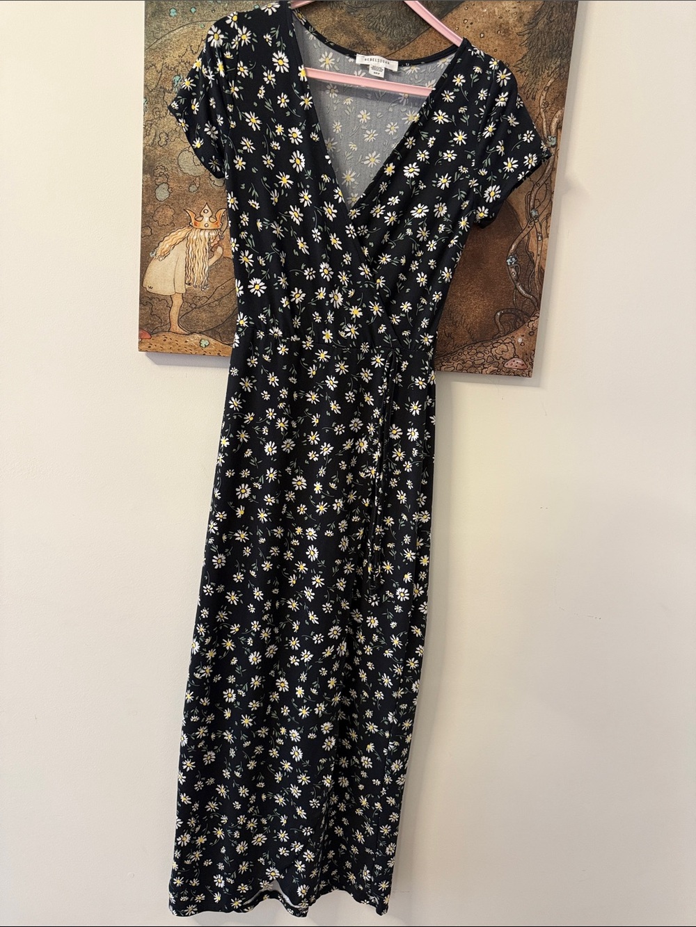 Black Ditsy Daisy Floral Wrap V-Neck Midi Dress Short Sleeve Casual Summer Dress